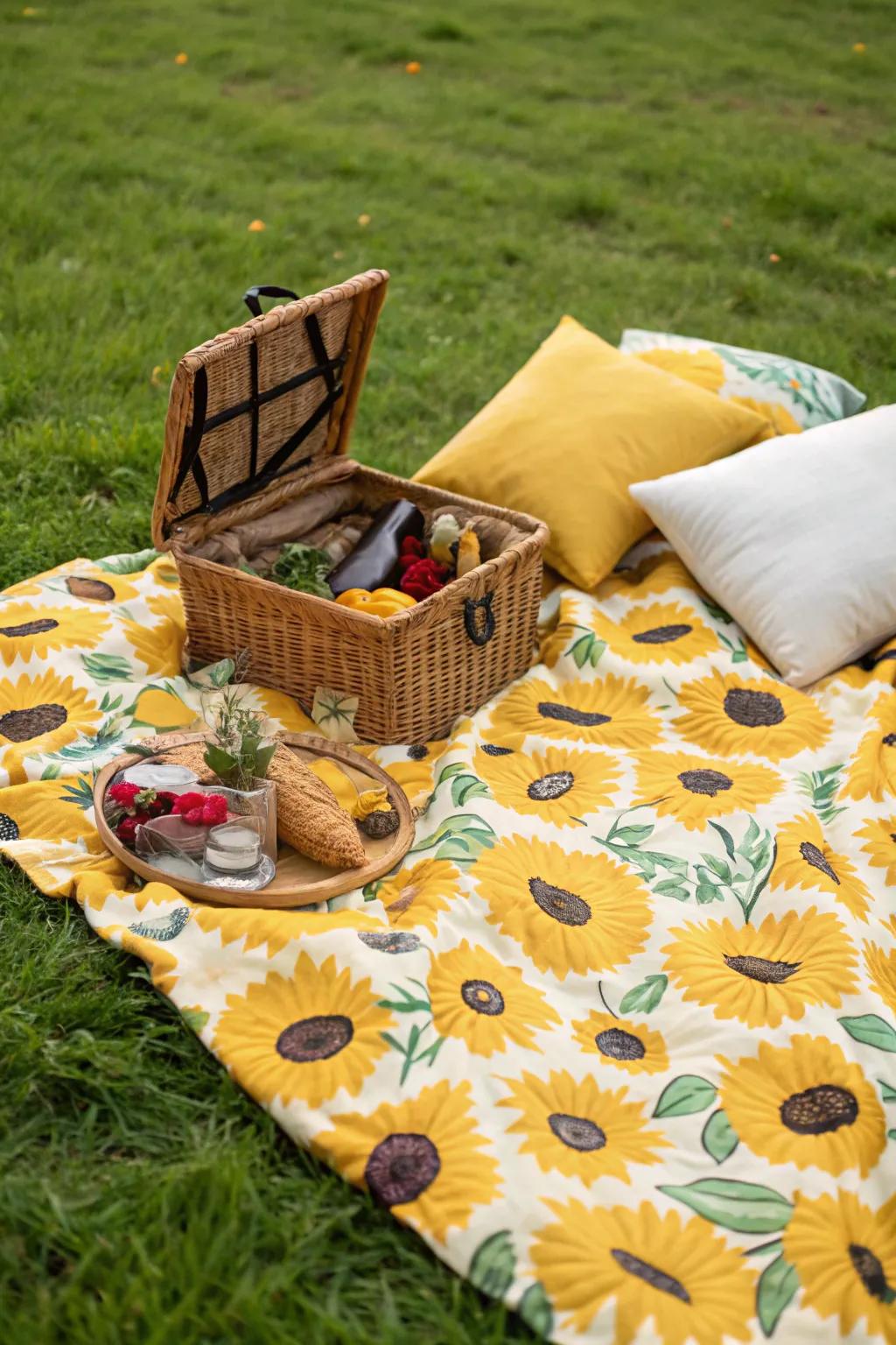 A cozy sunflower-patterned blanket for a relaxing picnic