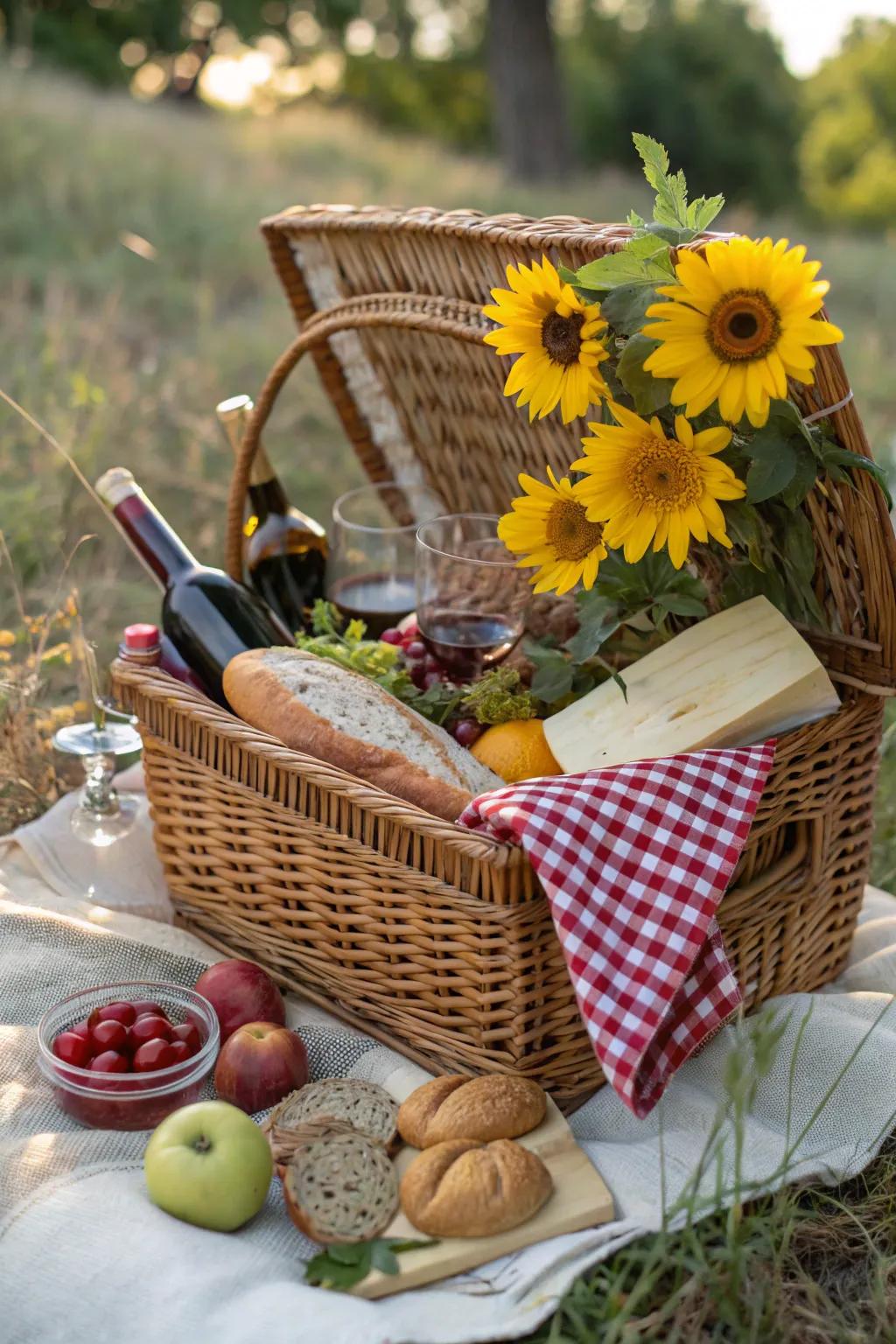 A rustic picnic basket ready for a day outdoors
