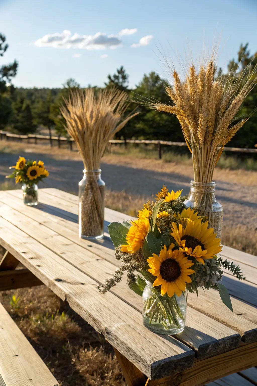 Sunflower and wheat arrangements for a rustic vibe