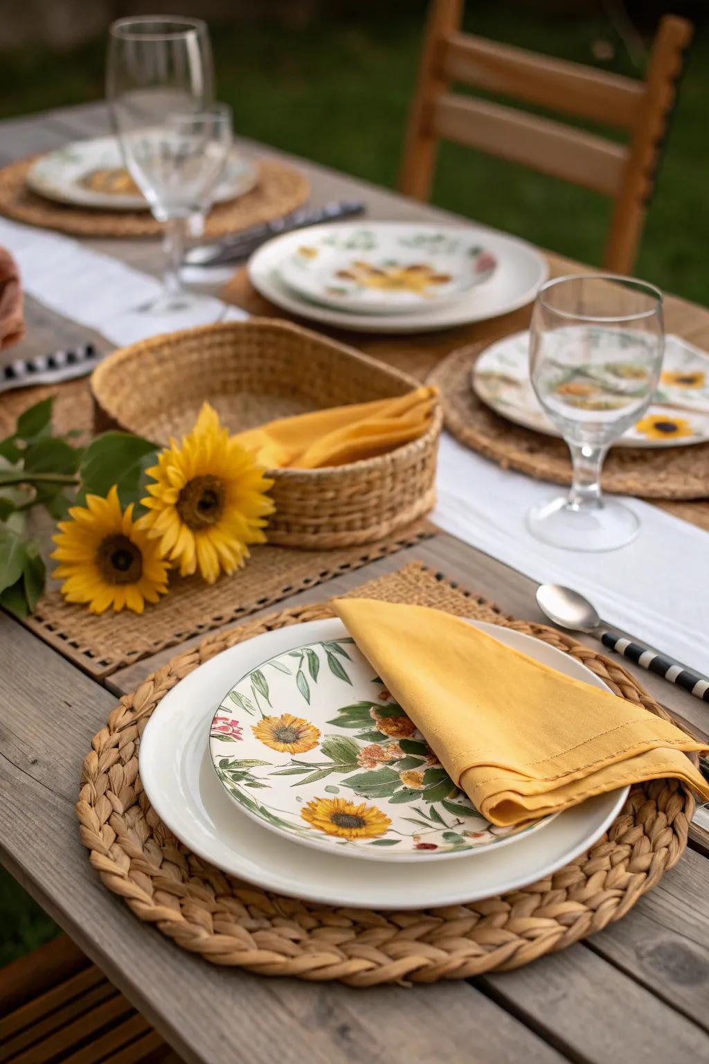 Sunflower-themed tableware setting the scene