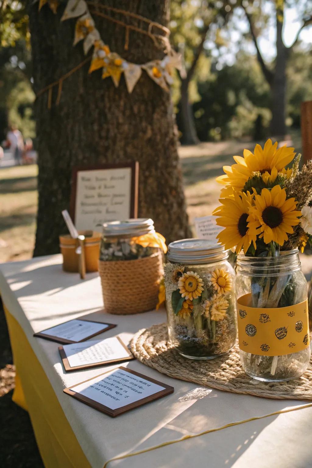 Sunflower memory jars capturing cherished moments