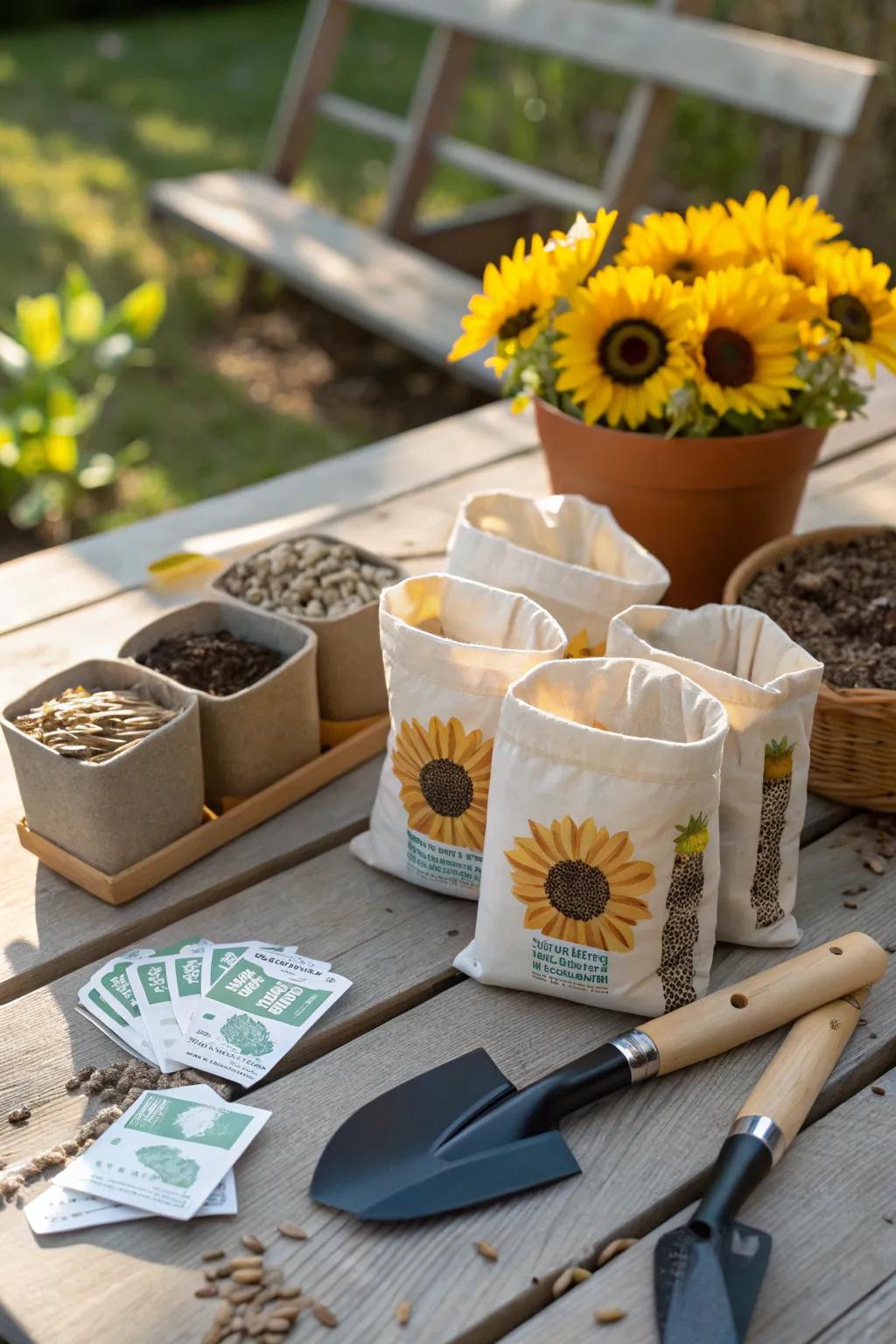 Sunflower seed planting kits as thoughtful party favors