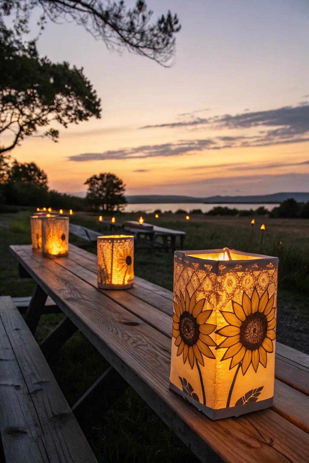 Sunflower candle lanterns casting a warm glow