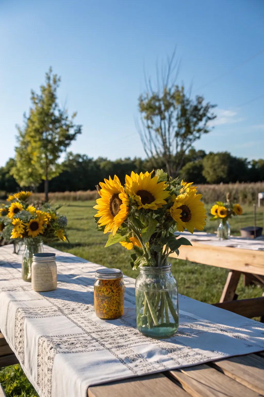 Bright sunflower centerpieces adding charm to the picnic table