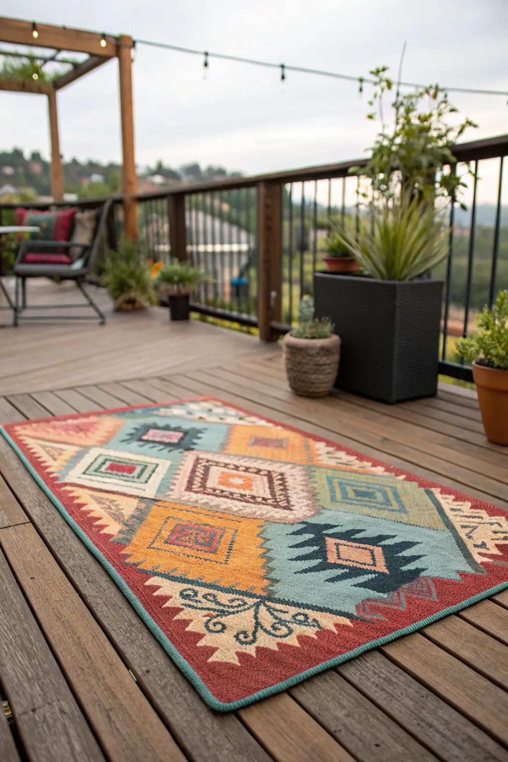 A deck with an artistic rug that defines and enhances the space.