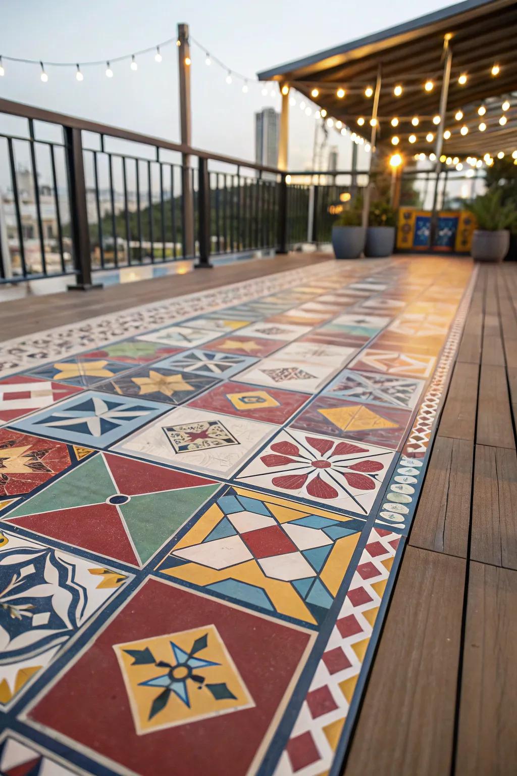 A deck with dynamic tile patterns for a bold and artistic style.