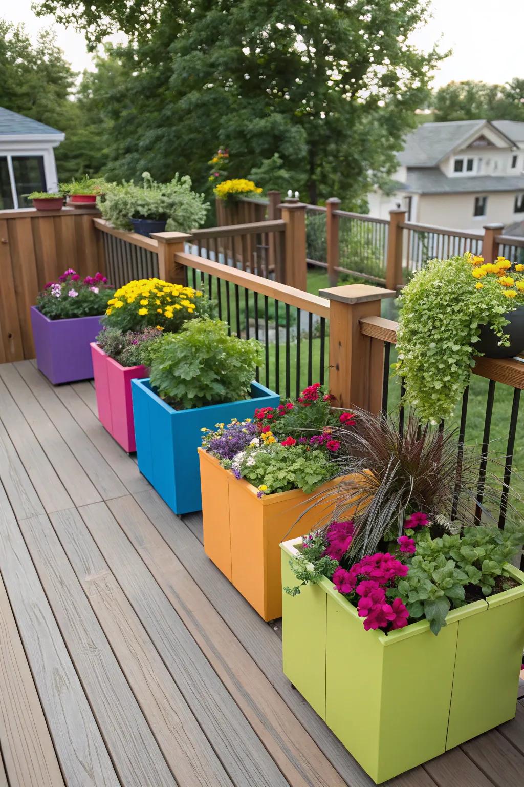 A deck enlivened with colorful plant containers.