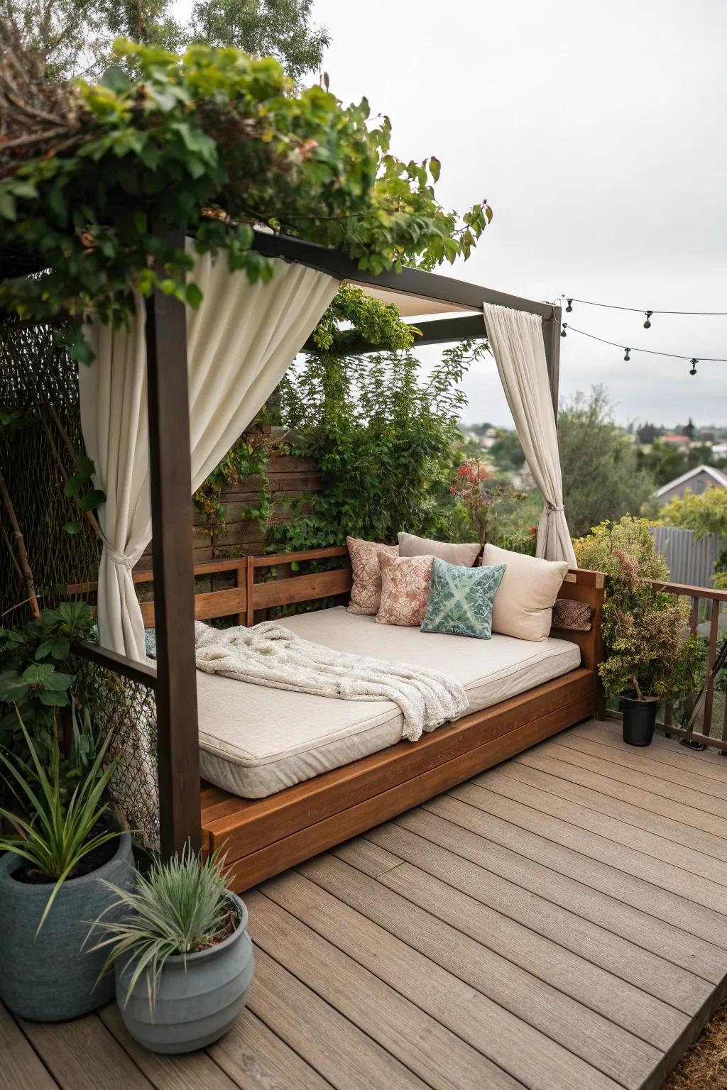A deck with a convertible daybed for versatile lounging.