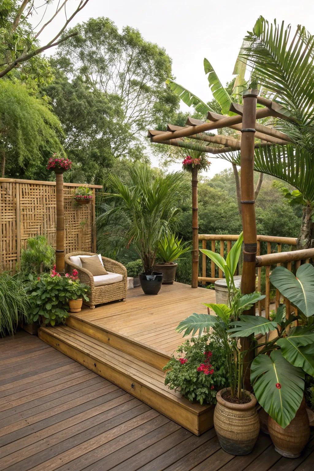 A deck styled as a tropical escape with bamboo and lush greenery.