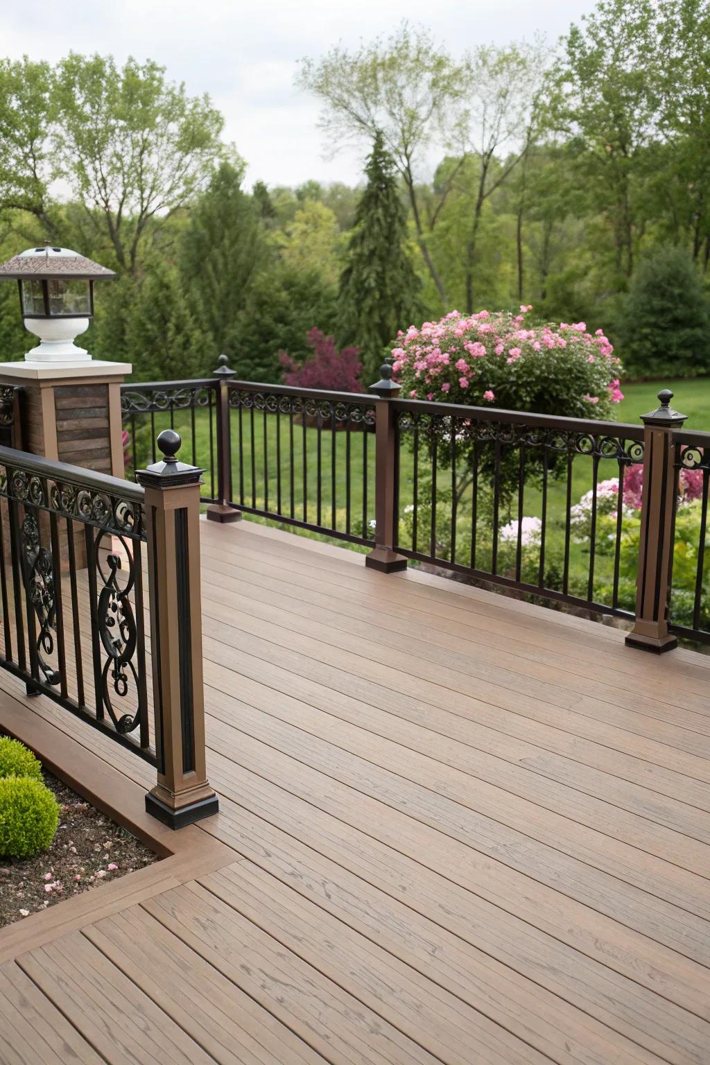 A deck with decorative railings that add elegance and safety.
