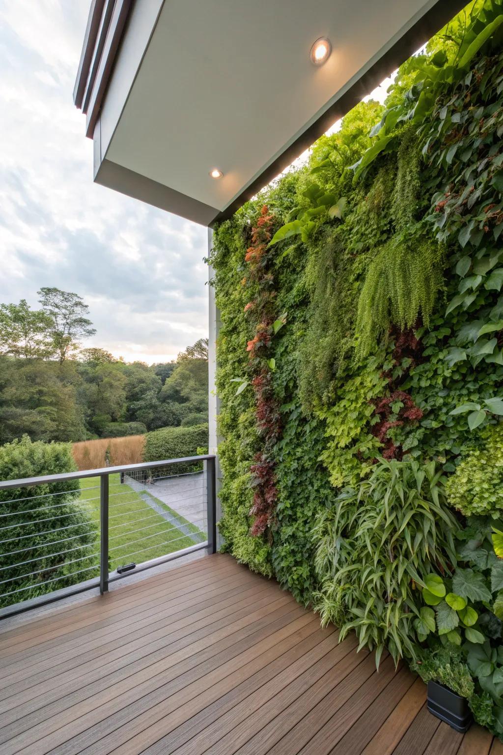 A deck with a vertical garden wall adding greenery and style.