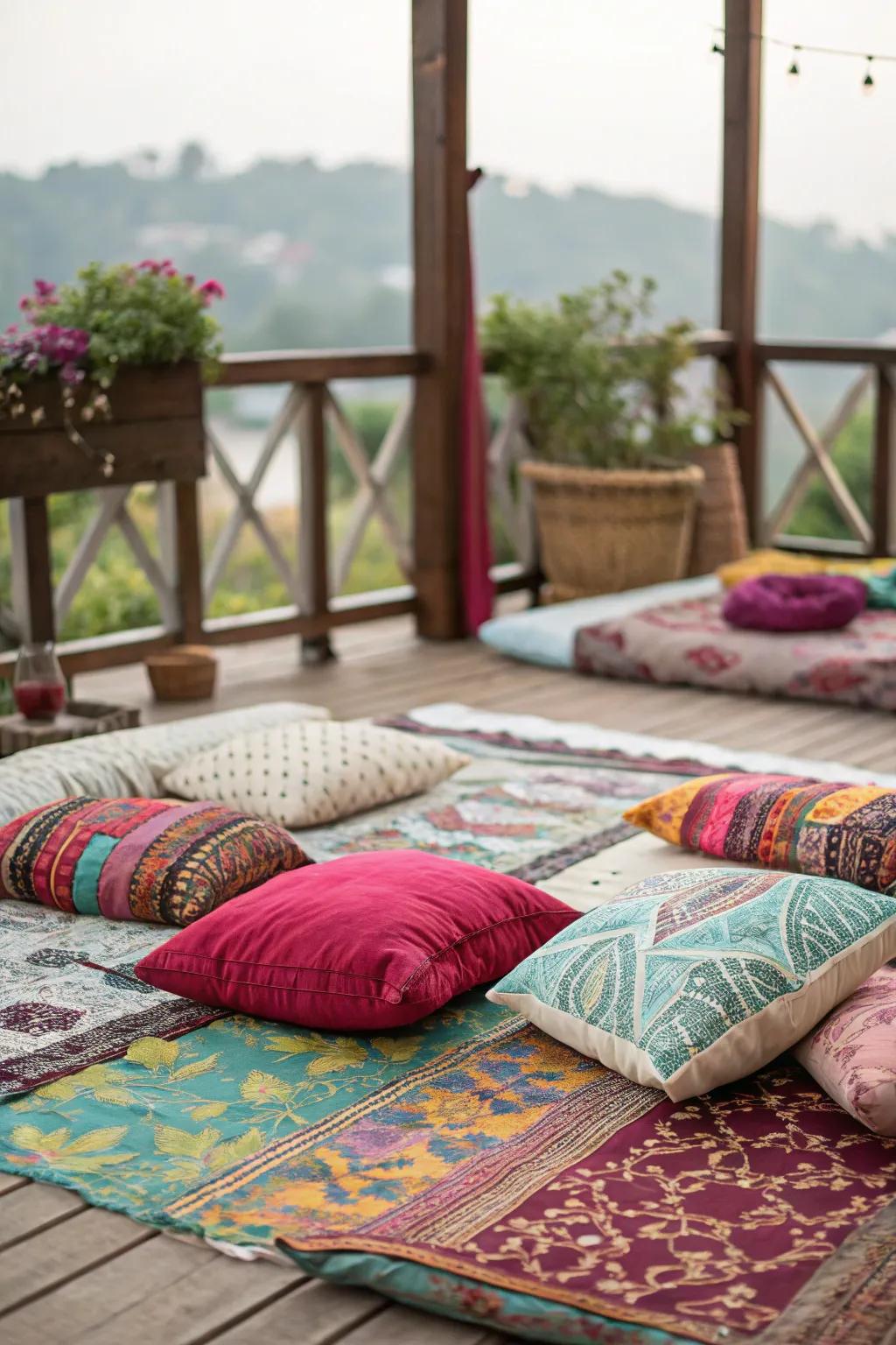A bohemian-style deck with colorful textiles and a relaxed vibe.