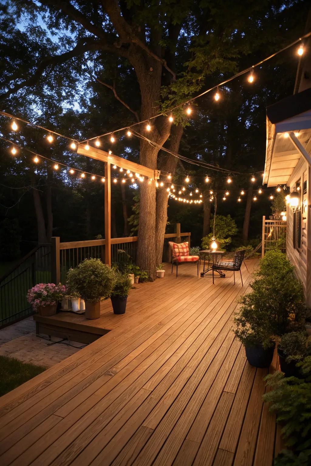 A deck illuminated with string lights for a magical evening ambiance.