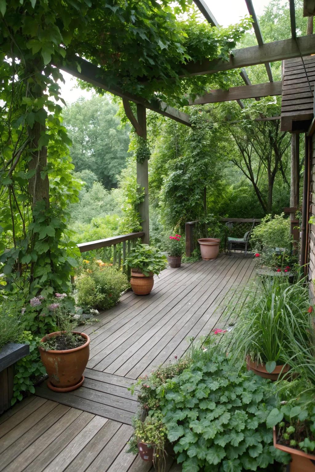A deck transformed into a serene garden oasis with lush greenery.
