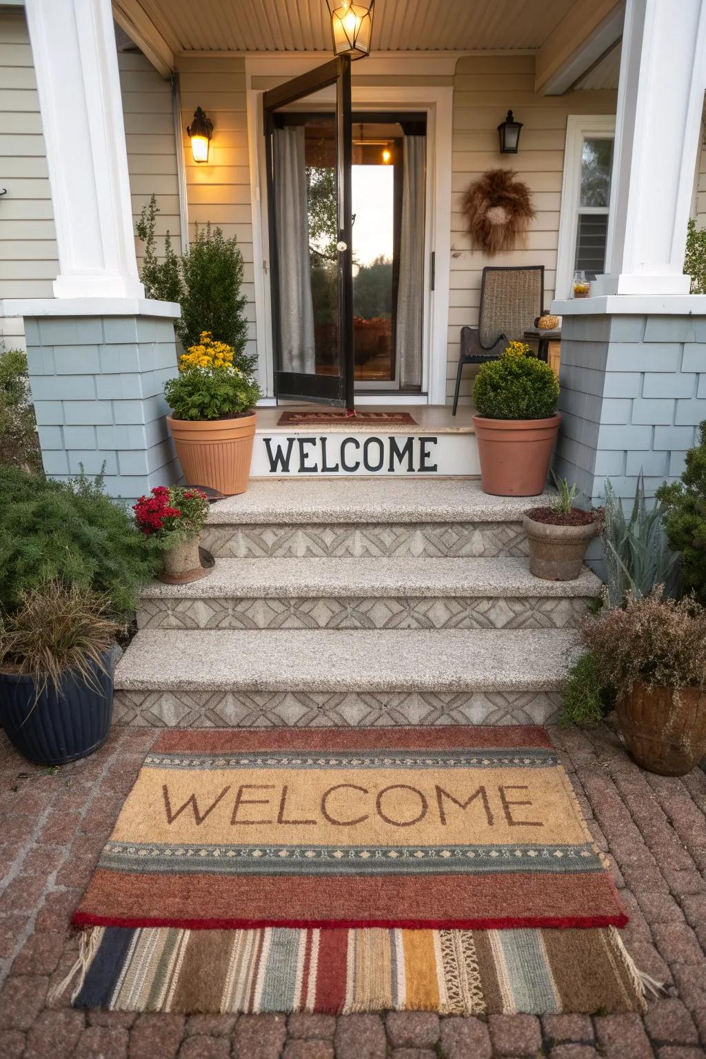 Layered rugs add warmth and texture to your stoop.