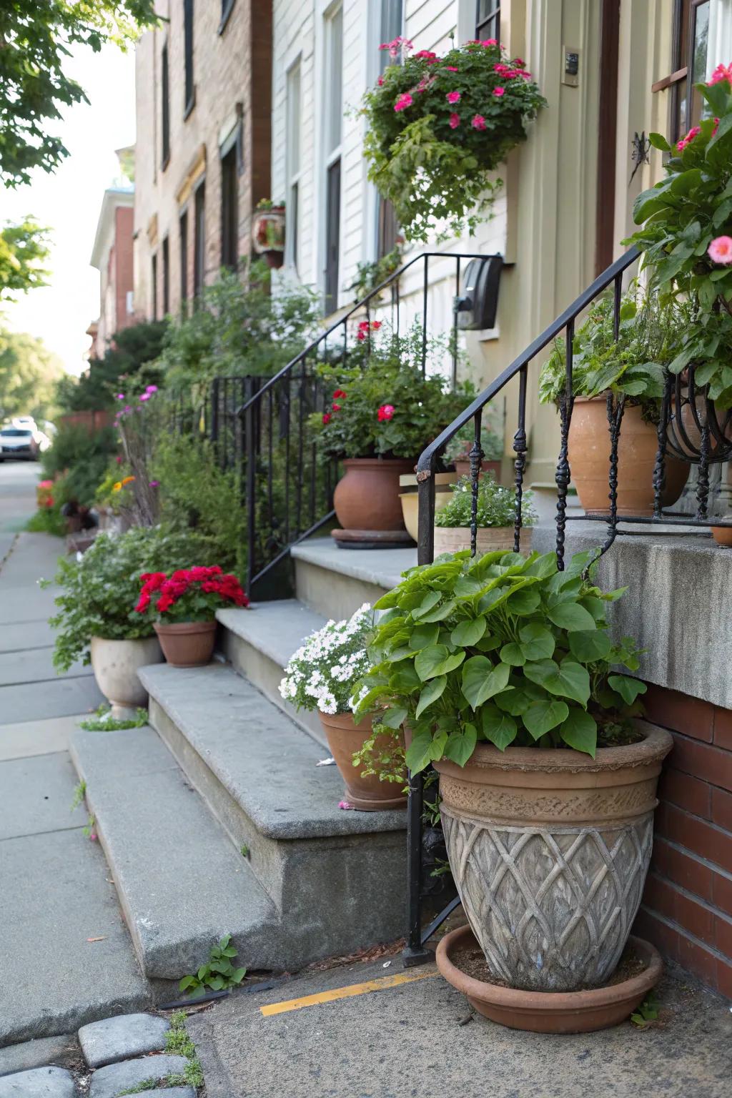 Create an inviting entrance with lush potted plants.