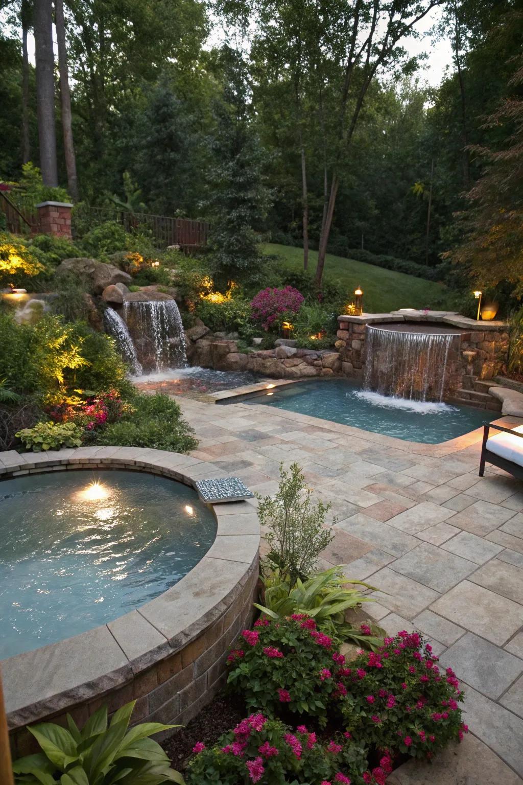 Waterfall features add elegance and soothing sounds to your pool area.