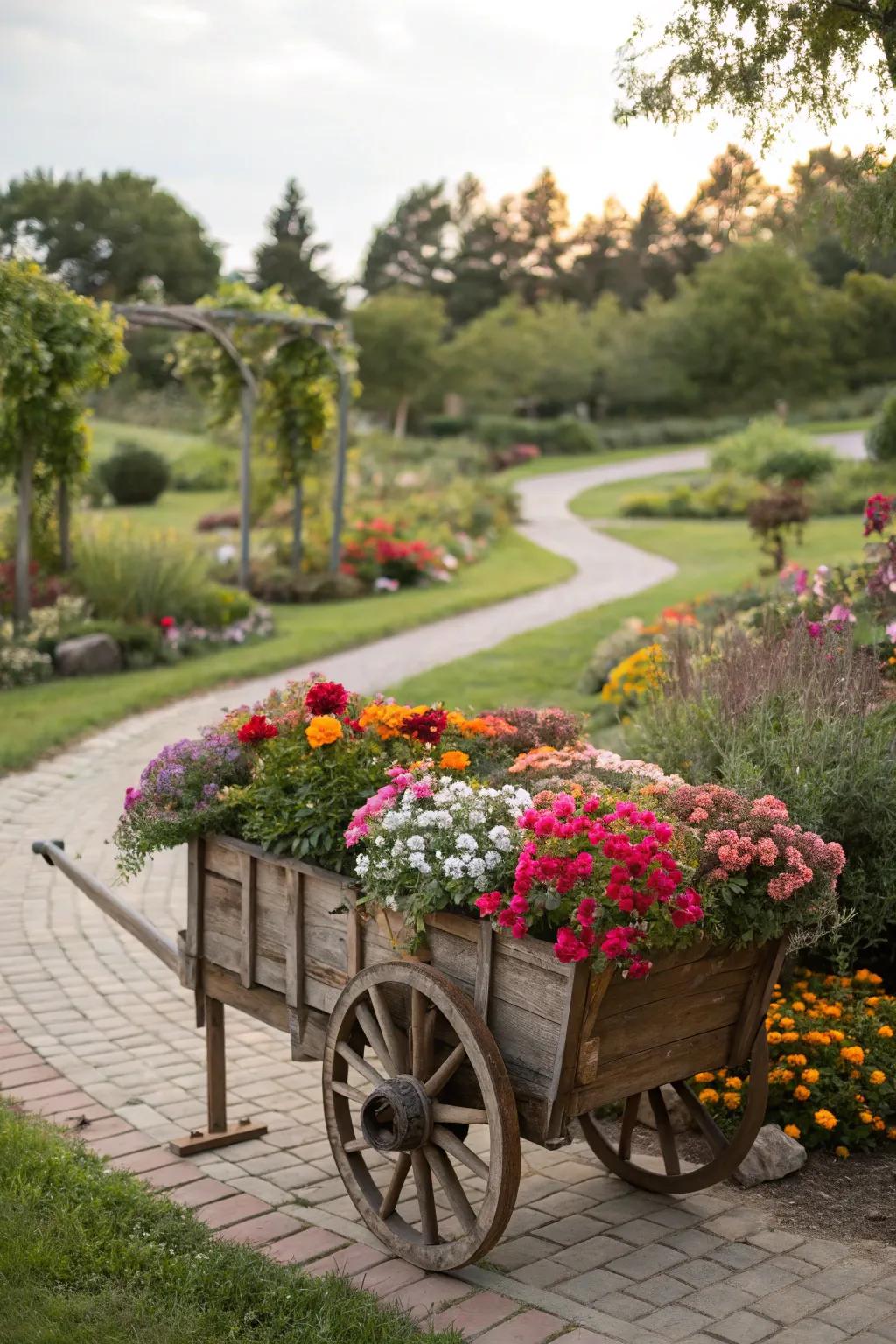A flower cart display becomes a stunning garden centerpiece.