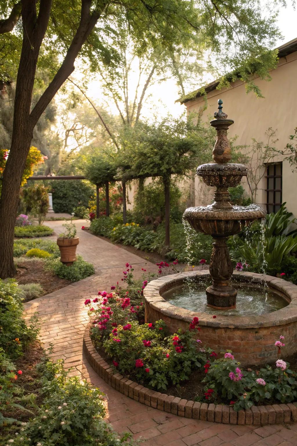 A water feature adds tranquility to any garden space.
