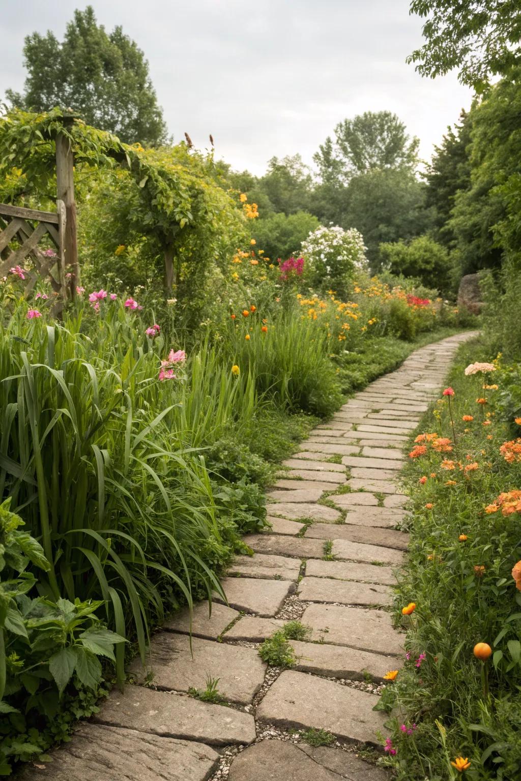 A rustic garden path adds structure and beauty to outdoor spaces.