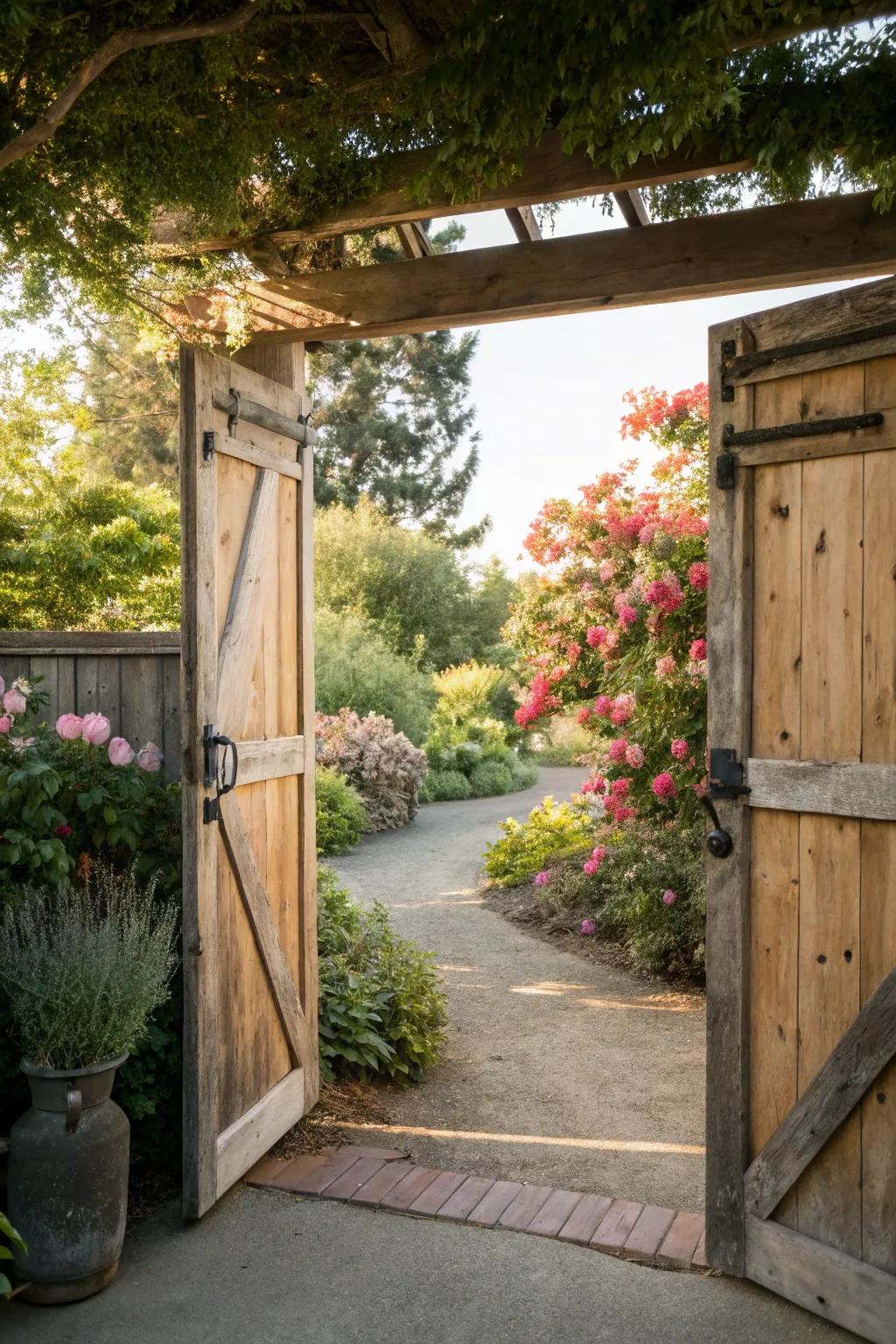 Sliding barn doors add style and practicality to garden spaces.