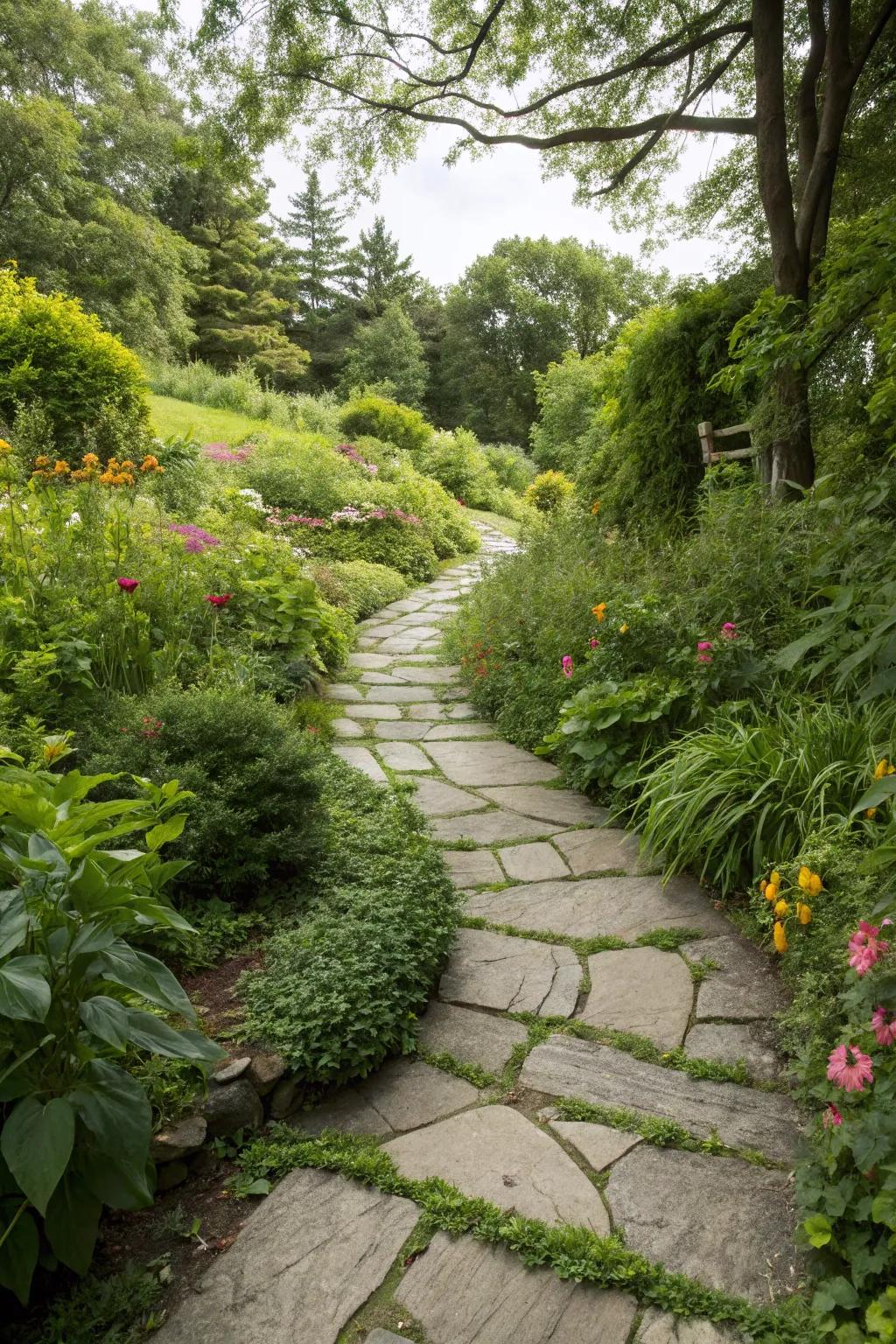 Stone pathways add charm and guide guests through the garden.