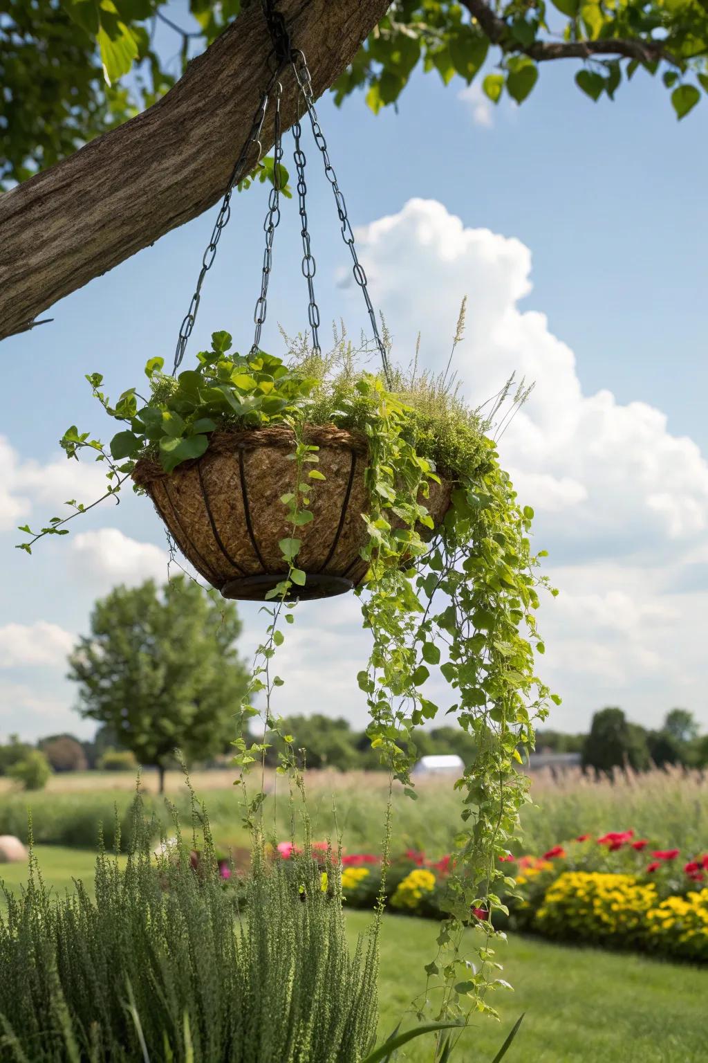 Airy outdoor setting with creeping jenny trailing from a hanging basket.
