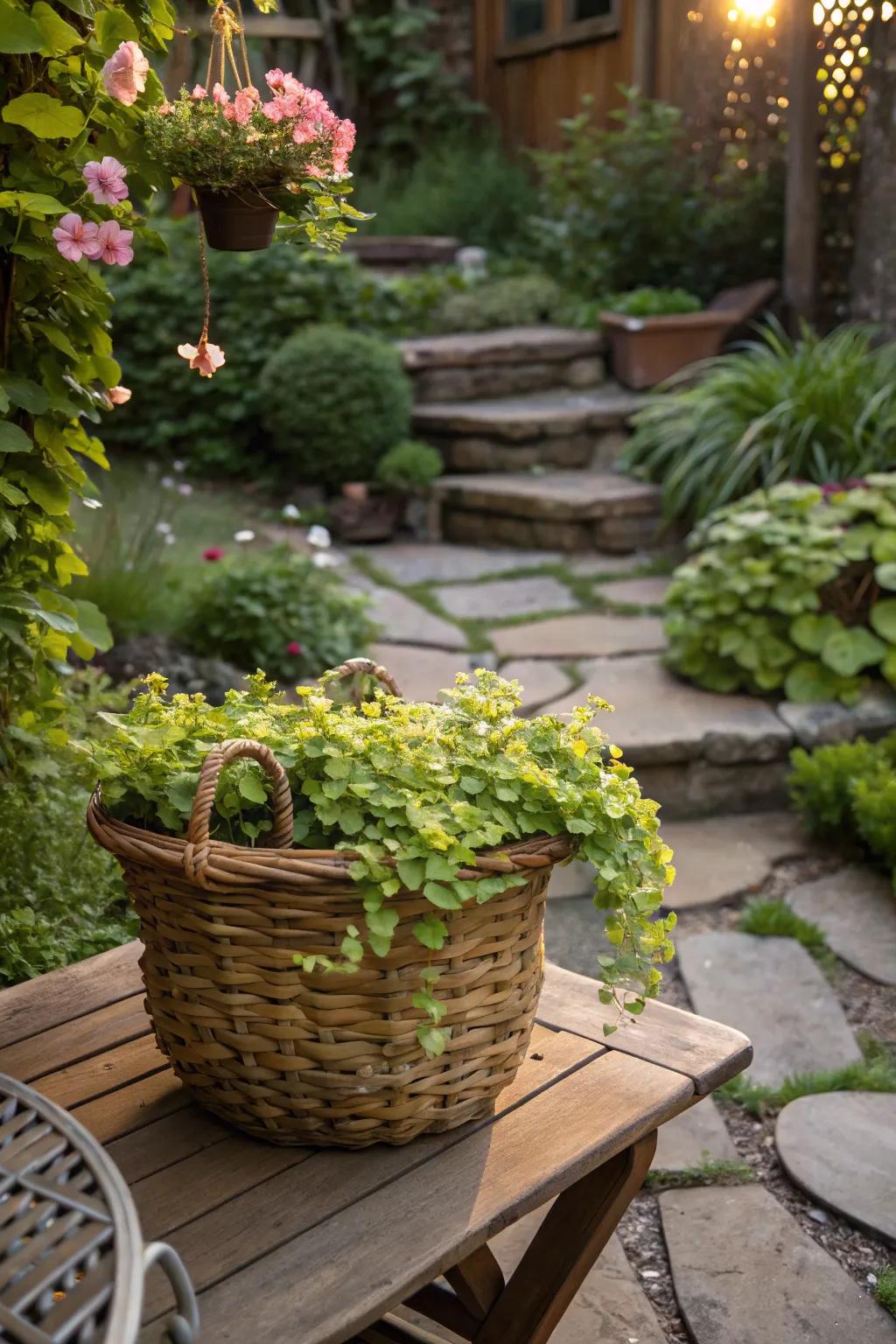 Wicker basket overflowing with creeping jenny in a charming garden setting.