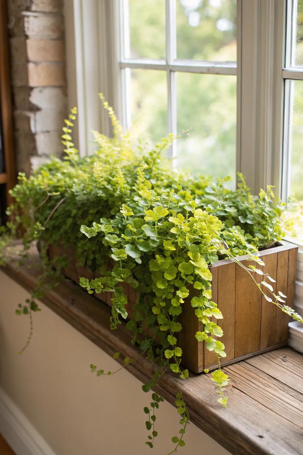Window box with creeping jenny cascading beautifully over the edges.