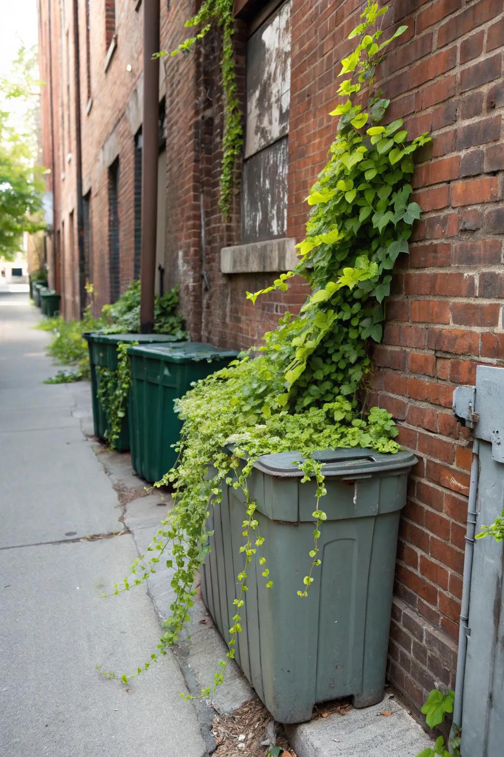 Urban brick wall adorned with climbing containers of creeping jenny.