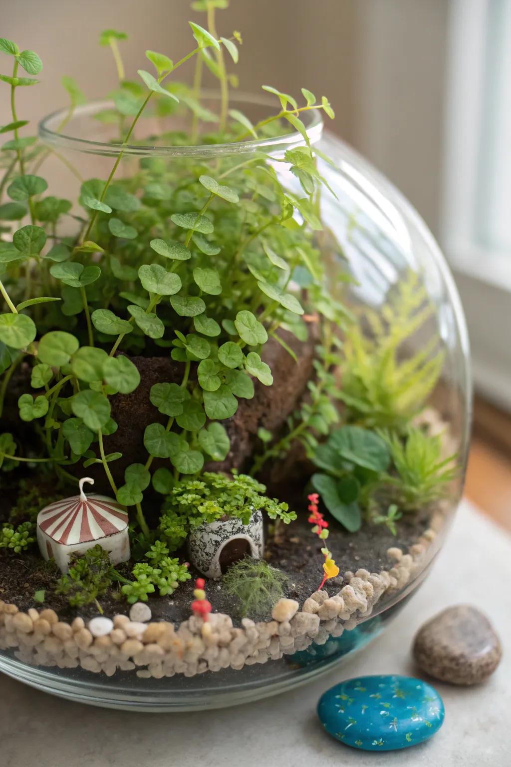 Charming terrarium featuring creeping jenny and tiny decorative elements.