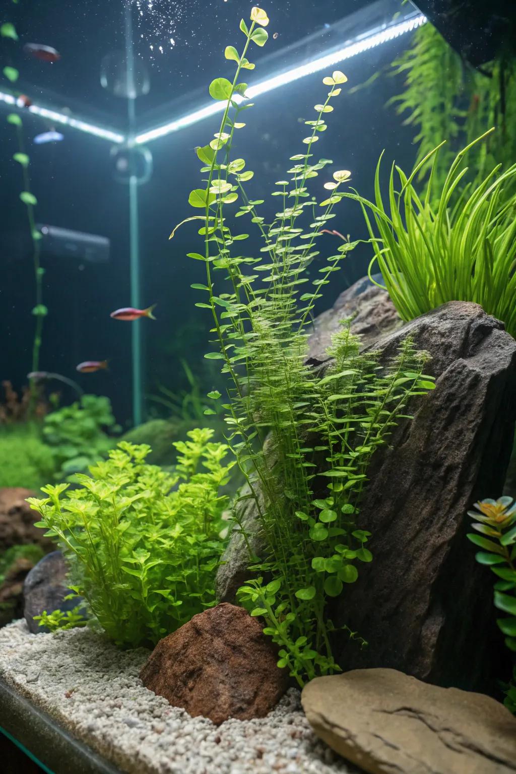 Aquarium featuring thriving underwater creeping jenny for a unique look.