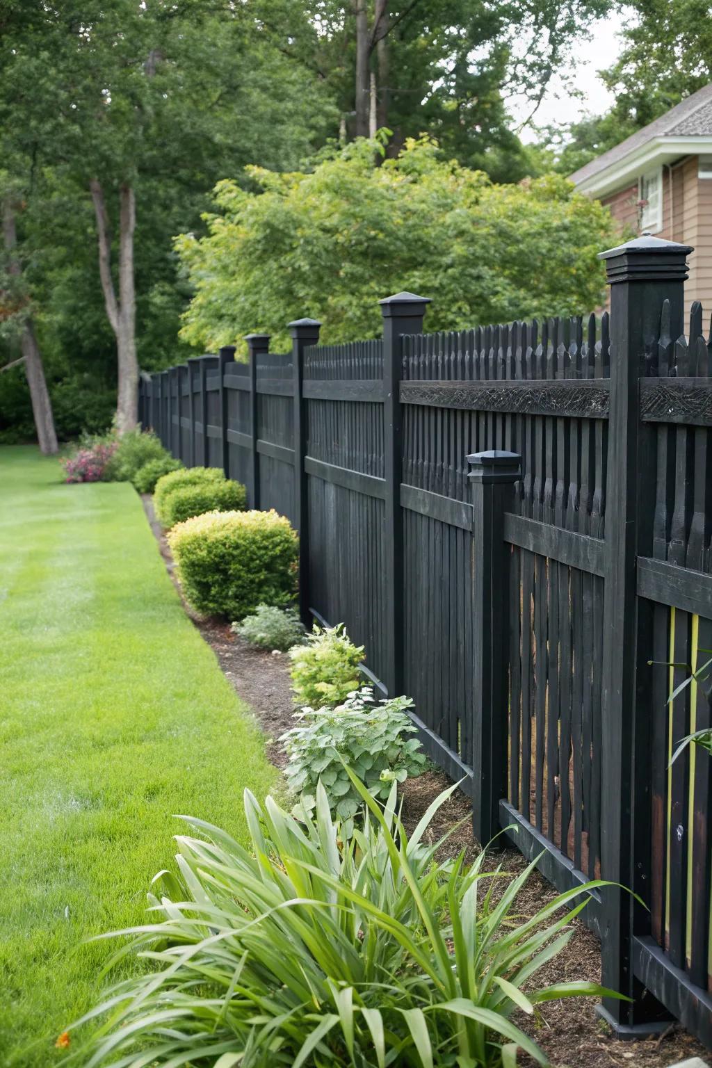 A black wood fence with varying heights, adding dimension to the garden.