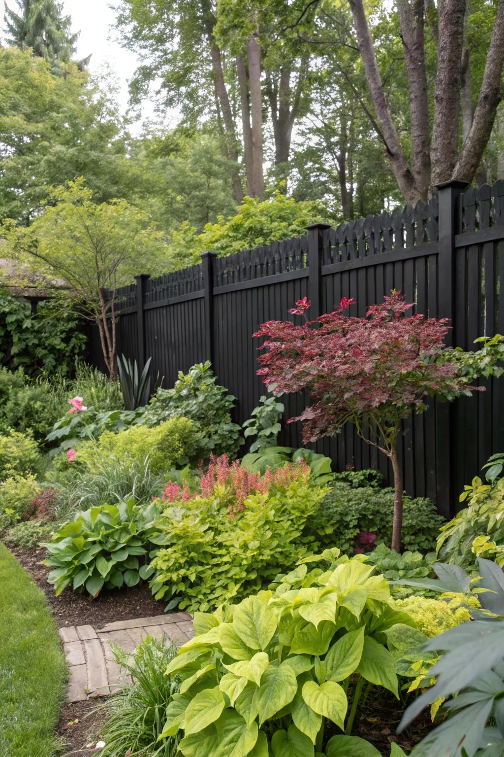 A black wood fence highlighting the vibrant colors of the surrounding greenery.
