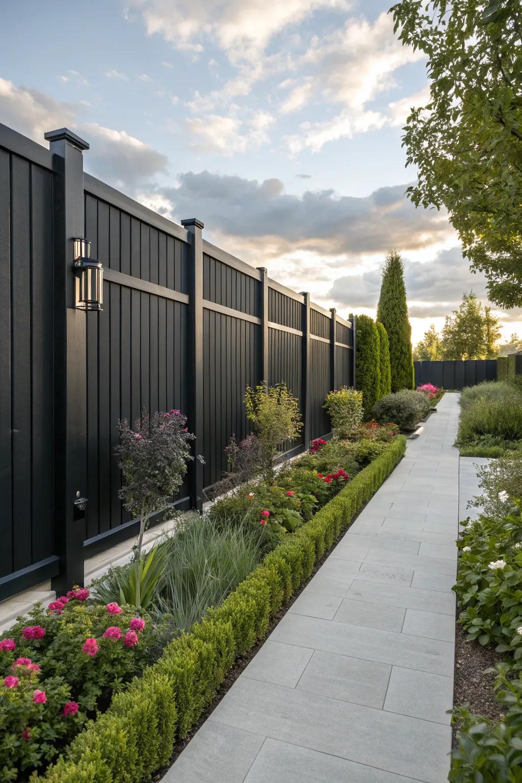 A black wood fence with metal accents, adding modern flair to the design.