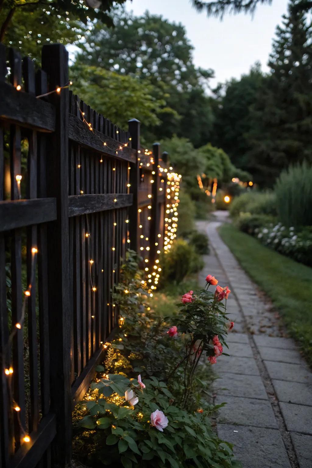 A black wood fence enhanced with ambient lighting for a cozy evening vibe.