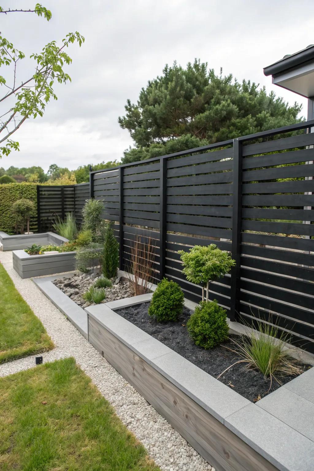 A modern garden with a black wood fence made of horizontal slats.