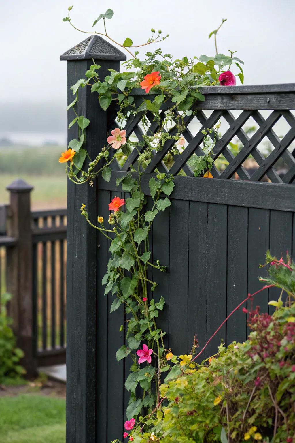A black wood fence with a lattice top, perfect for showcasing climbing plants.