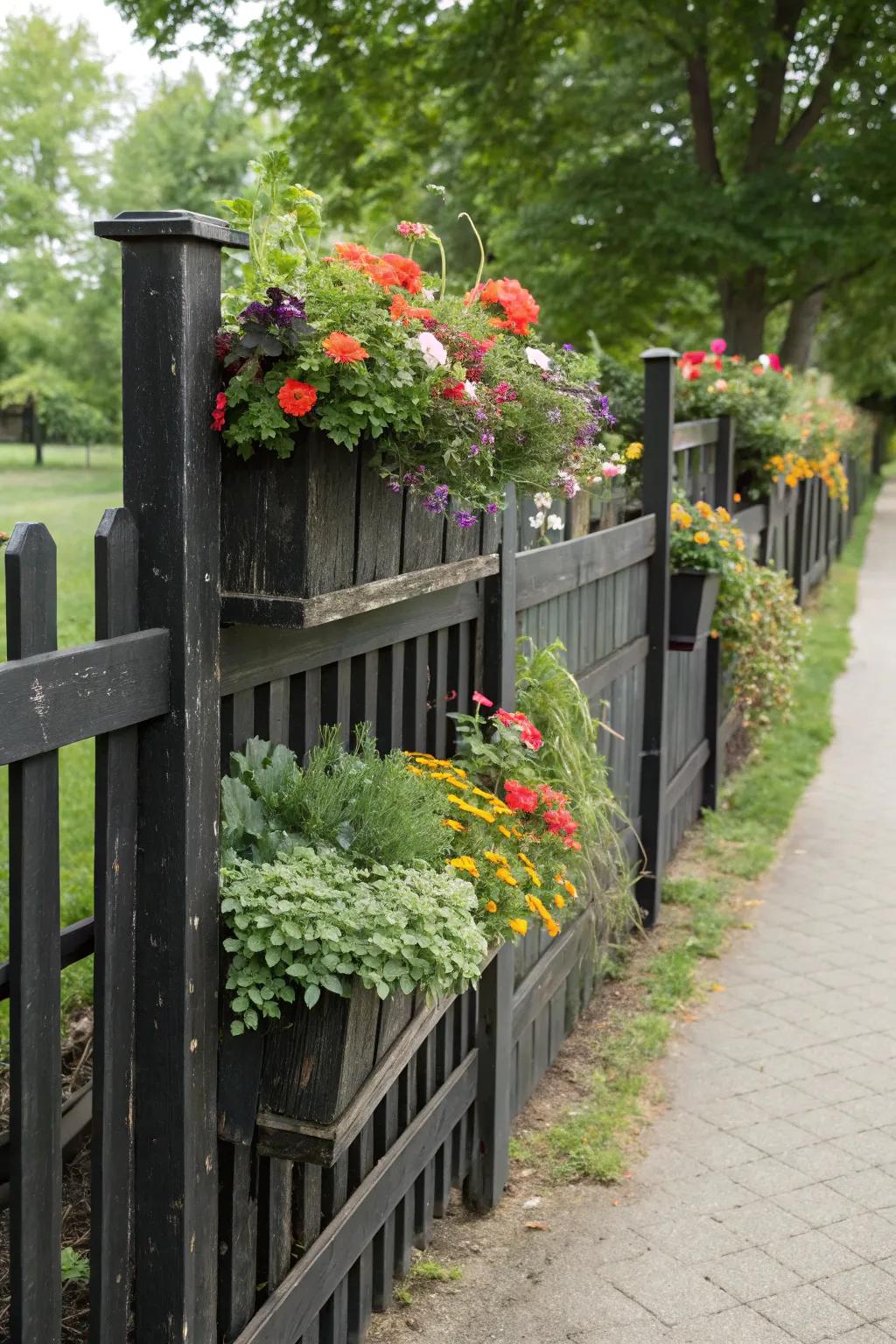 A black wood fence with integrated planters for a practical and aesthetic touch.