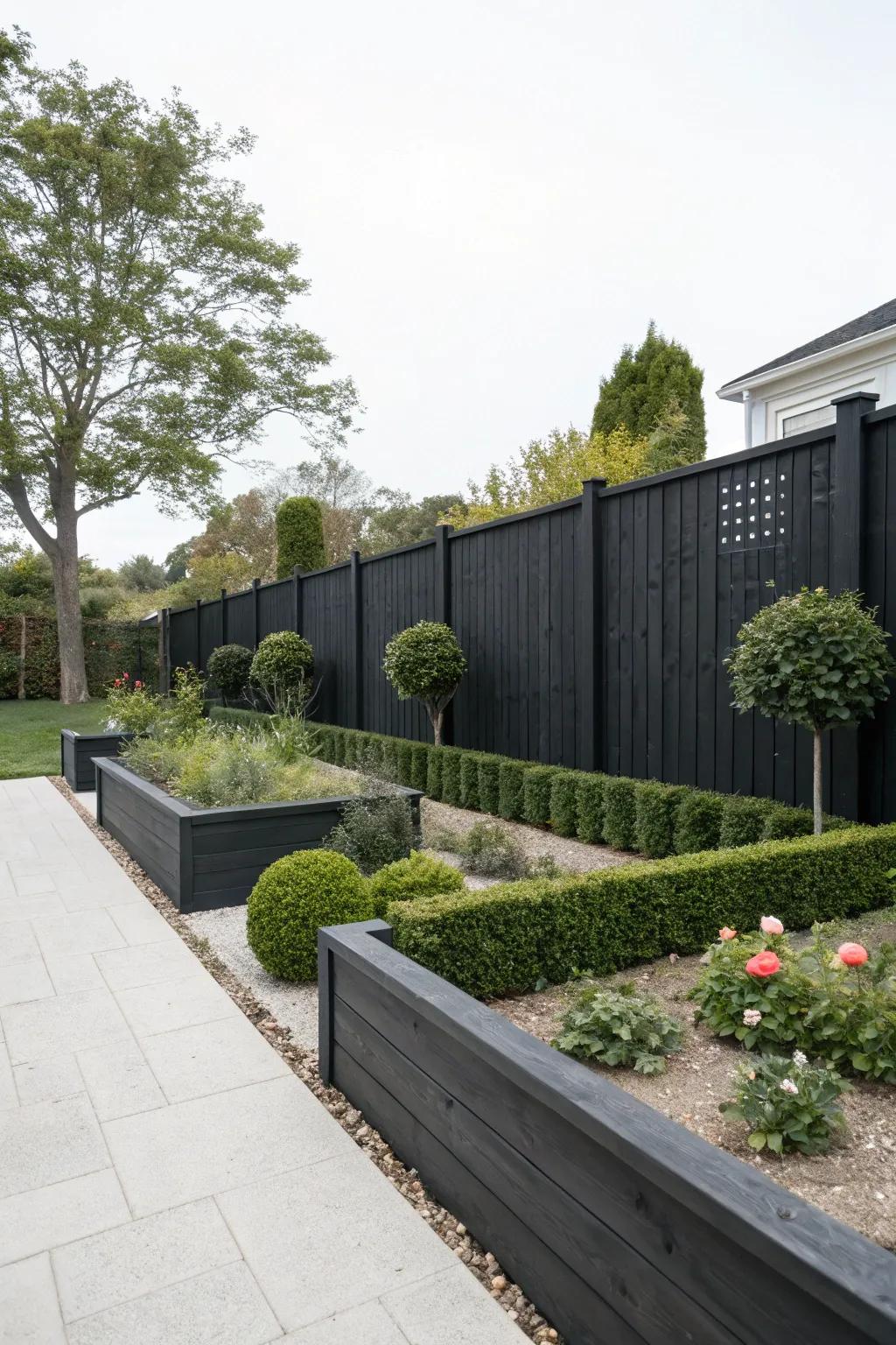 A chic black wood fence in a matte finish for an understated elegance.