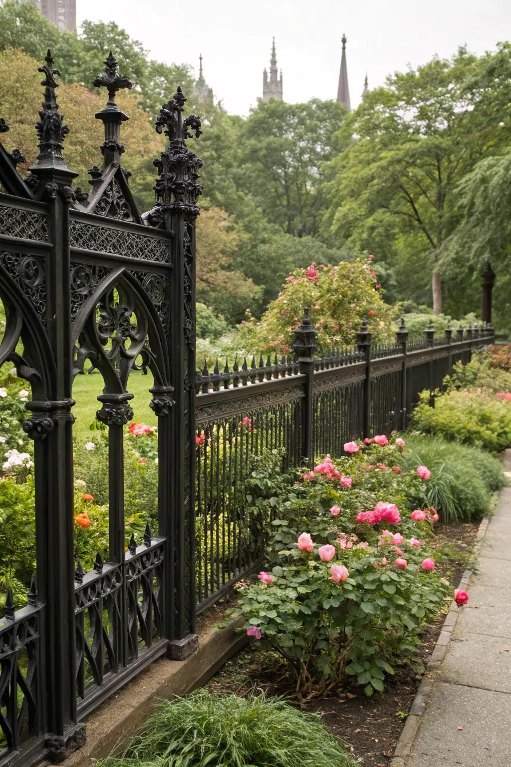 A Gothic-inspired black wood fence offering dramatic elegance to the garden.