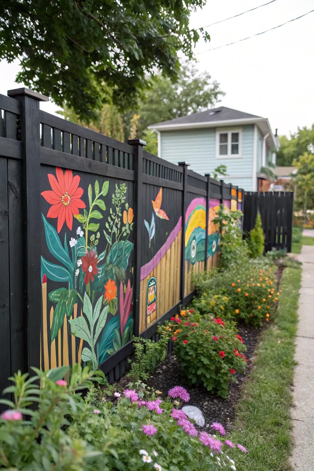 A black wood fence transformed with a colorful mural, adding artistic flair.
