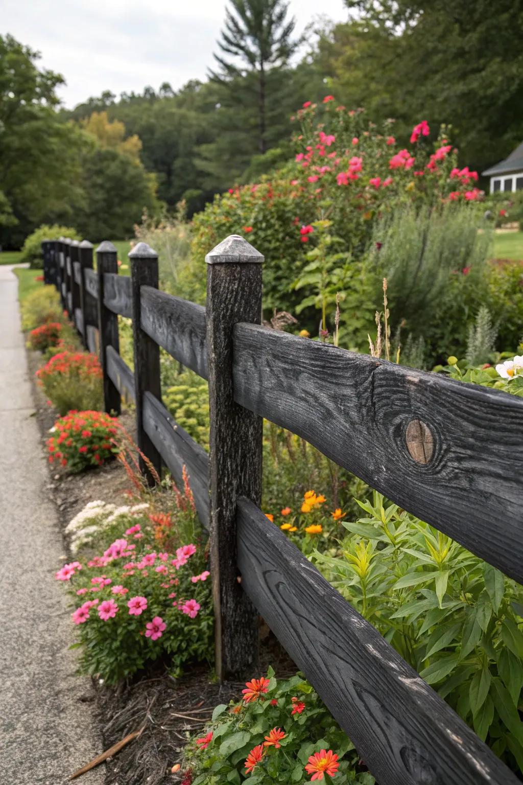 A black wood fence with visible natural grain, highlighting the wood's beauty.