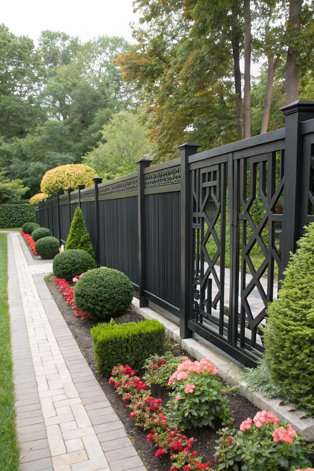 A bold geometric black wood fence making a striking statement in the garden.