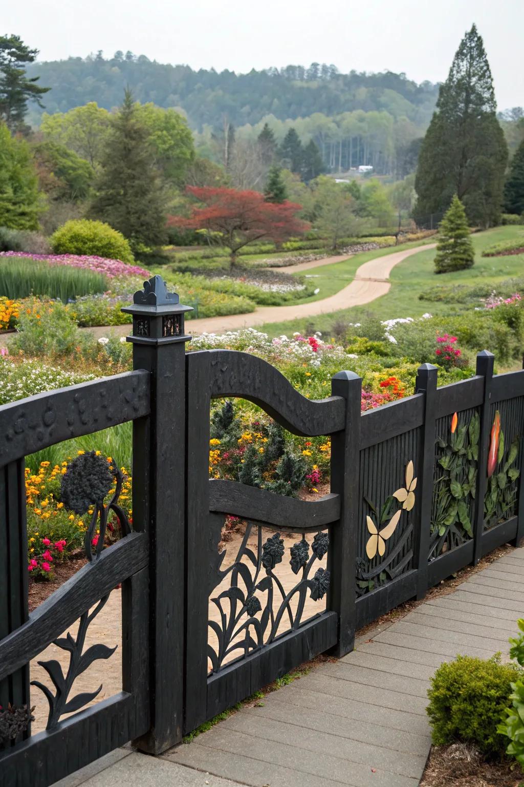 A black wood fence with artistic cutouts, adding a playful touch to the garden.