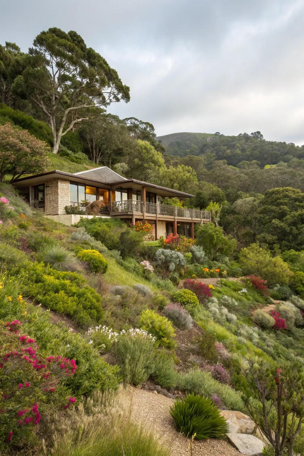 Native landscaping enhances the natural beauty and sustainability of hillside homes.