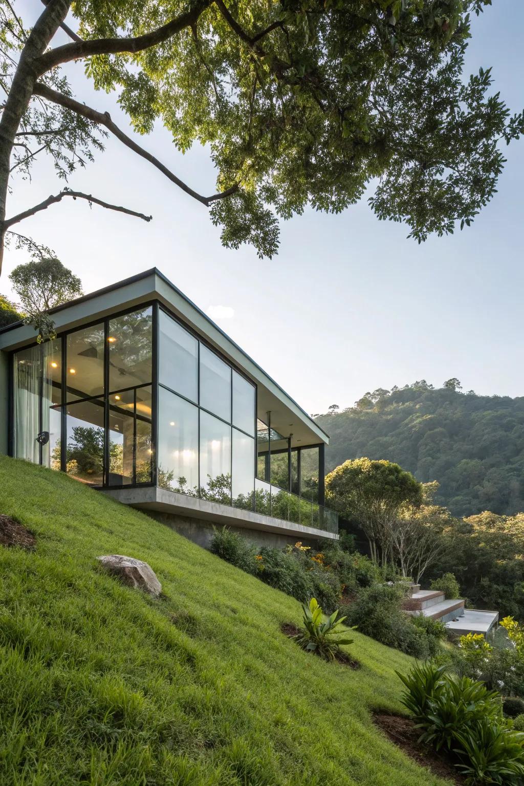 Modern architecture with expansive glass windows enhances hillside living.