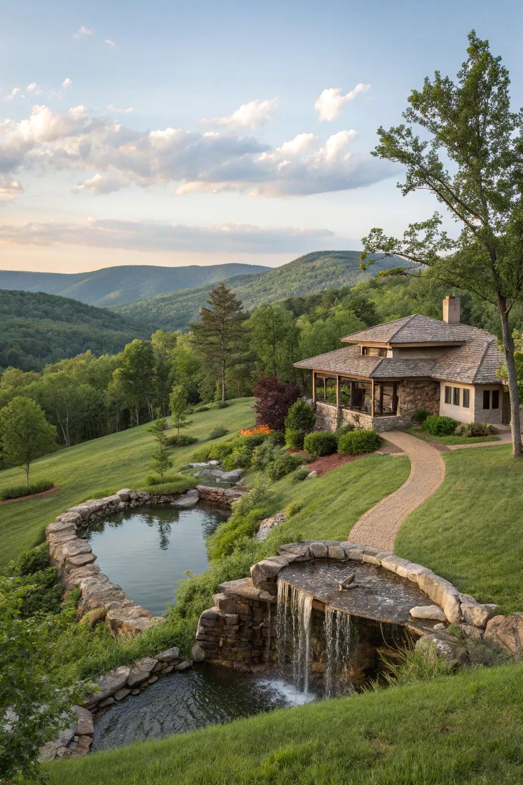 Water features add tranquility and beauty to hillside homes.