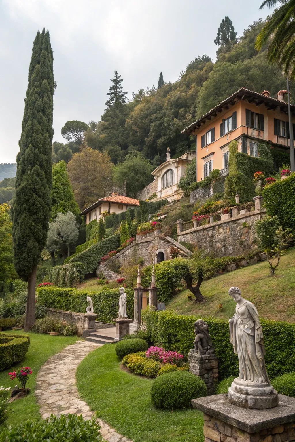 Artistic features personalize and enhance the beauty of hillside homes.