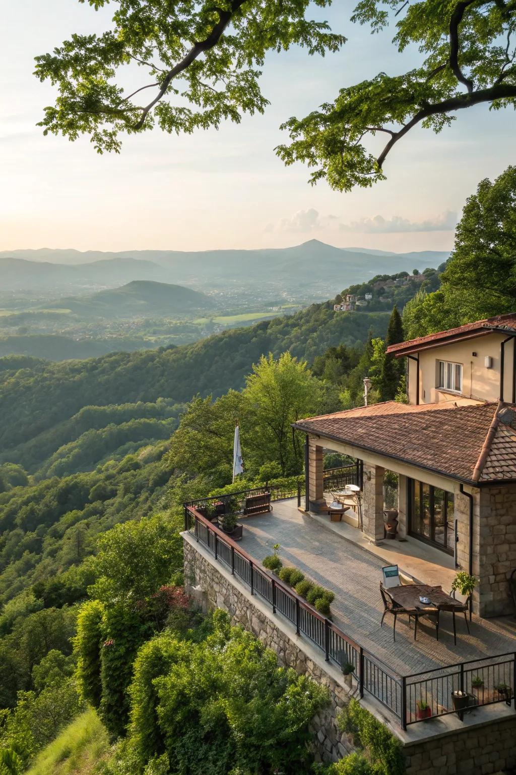Outdoor spaces that blend into the hillside are perfect for relaxation.